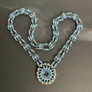 Vintage Folk Art  Silver & Turquoise Safety Pin Necklace length approx 30" 1970
